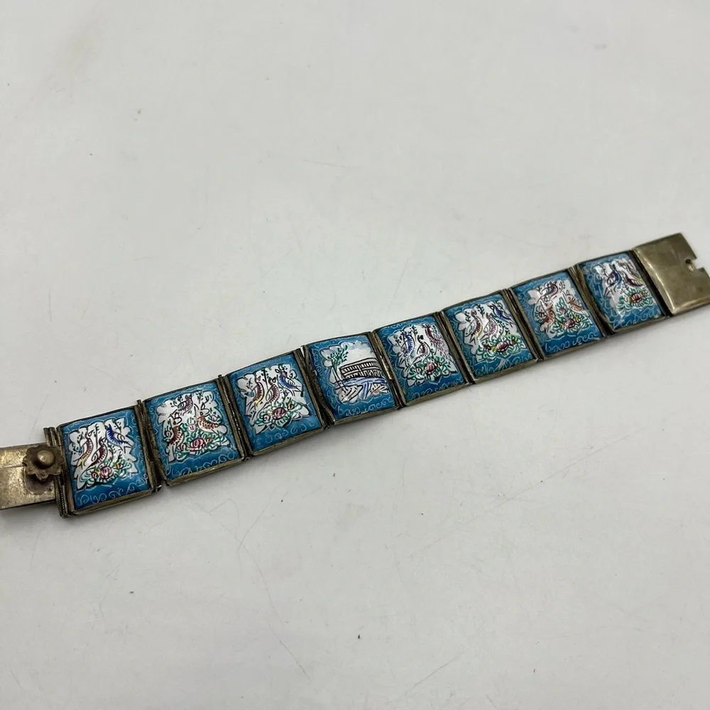 Vtg Iranian Persian Tile‎ Panel Bracelet Hand Painted Birds Deer Flowers Estate